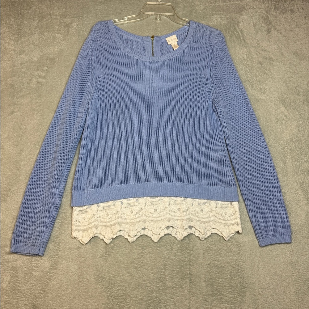 Chico's Women Blue White Brianne Pullover Sweater Size 1 Embroidery Lace Hem